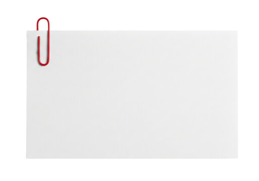 White blank rectangular note paper with paperclip isolated on white