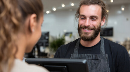 A male cashier  in apron smiles behind the register.