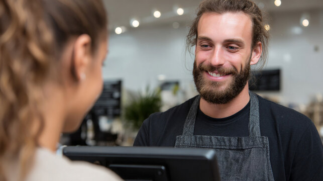A male cashier  in apron smiles behind the register. - Powered by Adobe