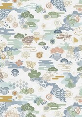 Naklejka premium Traditional Japanese Pattern Texture - A decorative background featuring a traditional Japanese pattern with geometric shapes and botanical elements in soft pastel colors
