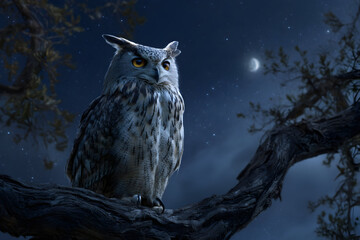 Majestic owl perched on tree branch under full moon in night sky