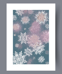 delicate frosty snowflake motifs on teal background with glitter effects and soft brush textures