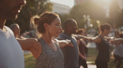 Focused woman performing yoga pose during outdoor group class in warm evening sunlight