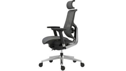 Ergonomic office chair design shown in profile view against a dark background