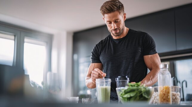 Fit man preparing green protein shake in modern kitchen before morning workout