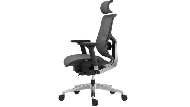 Ergonomic office chair design shown in profile view against a dark background