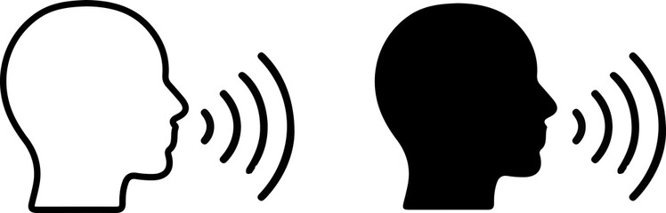 Speak symbol, voice icon linear and solid, human head with sound wave
