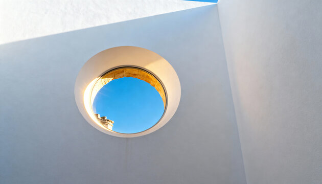 Minimalist architecture with a circular window showing a blue sky. Modern geometric design with light and shadow. Abstract concept of faith and hope - Powered by Adobe