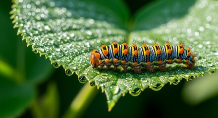 Fototapeta premium Vibrant Caterpillar Resting on Dewy Leaf - A colorful caterpillar crawls across a vibrant green leaf covered in morning dew. Concepts: growth, nature, transformation, beauty, life