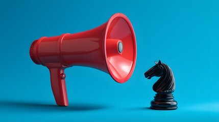 Large red communication device faces a solitary black chess piece on a vivid blue background