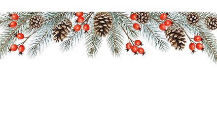 Watercolor Christmas Garland with Pine Cones and Berries