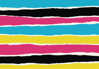 Vibrant torn paper collage background featuring striking horizontal stripes in cmyk colors creating a dynamic abstract visual art composition