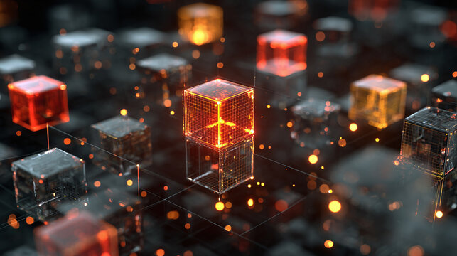 Abstract, futuristic cubes connected with glowing, neon lights