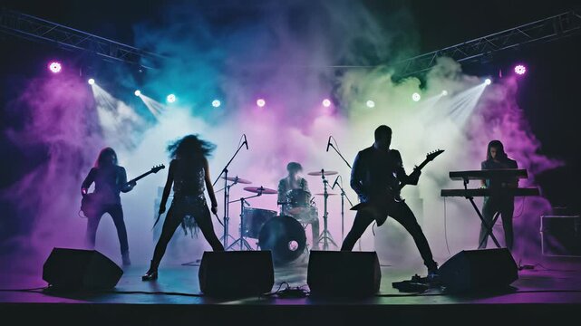 Musicians perform in a haze of smoke, fully immersed in their energetic live performance, capturing the electrifying atmosphere and sense of communal musical experiences that unfold as they play.