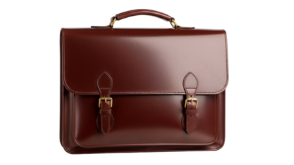 Traditional leather satchel featuring a top handle and dual buckle closures stands out against a dark backdrop
