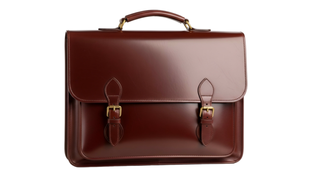 Traditional leather satchel featuring a top handle and dual buckle closures stands out against a dark backdrop