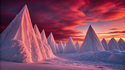 Surreal Arctic Landscape with Jagged Ice Peaks Under a Fiery Sunset Sky image photo Background