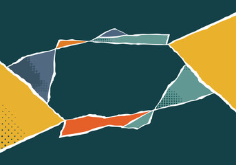 Contemporary graphic background with a central frame formed by textured ripped paper shapes and subtle halftone patterns