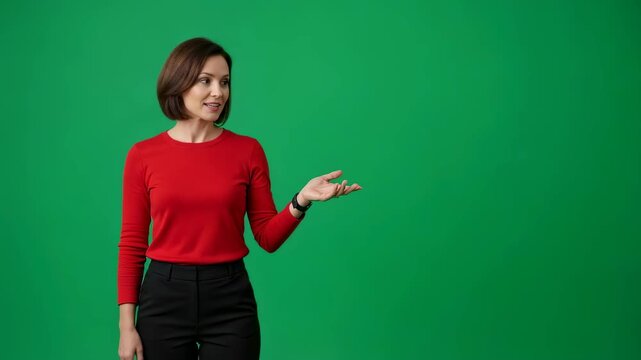 Woman making presentation gesture with open palm on chromakey for composite video creation