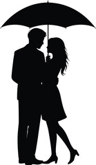 Silhouette couple holding umbrella together, romance, love, protection, intimate moment