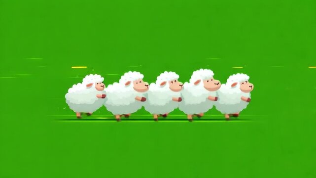 Cartoon sheep parade across a green field. They are smiling, in profile, and running