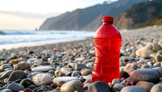 Red plastic bottle on a rocky beach with ocean waves and a mountain backdrop at dawn/dusk