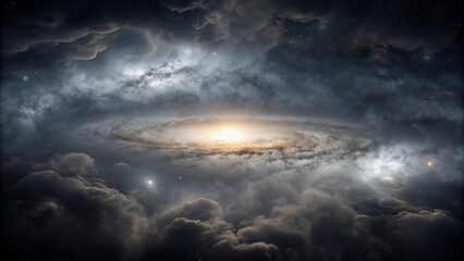 Swirling galaxy with bright central core surrounded by dark cosmic clouds and stars space cosmos Background