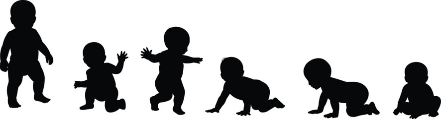 Baby development stages silhouette: crawling, standing, and sitting progression
