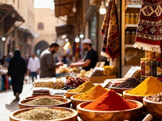 Vibrant Spices in Wooden Bowls at market
