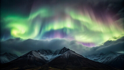 Swirling Green and Purple Aurora Borealis Above Snow- Capped Mountains and Clouds northern lights Background