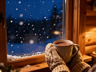 Hands in Knit Mittens Holding a Steaming Mug of Hot Chocolate by a Snowy Window