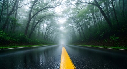 Rainy forest road with bright yellow line
