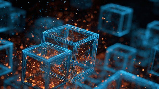 Abstract illustration of glowing blue cubes, connected with orange particles, symbolizing blockchain technology