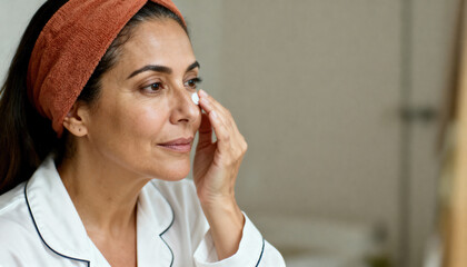A mature woman applying anti-aging eye cream during her daily skincare routine. Middle-aged female practicing self-care at home with copy space