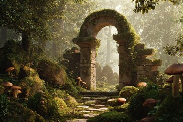 Mossy stone archway and path lead into sunlit forest