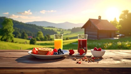 Outdoor breakfast scene with juice, strawberries, blueberries, toast on rustic wood, with scenic hills & sun backdrop