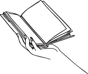 Reading, hand, open book, line art, vector illustration, outline drawing, black and white, literature, education, knowledge, study, learn, book lover, graphic design, web element, application icon, si