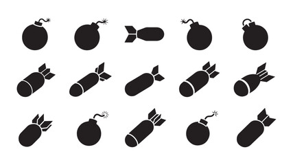 Set of bomb icons simple flat vector design elements isolated on white background for war danger and destruction concepts