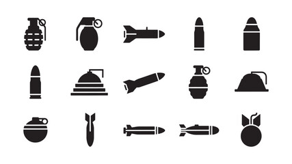 Set of black and white military weapon icons simple glyph vector design elements isolated on white background