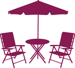 Outdoor patio furniture set with table, two chairs, and umbrella silhouette