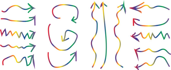 Rainbow Gradient Arrow Set – Colorful Curved, Wavy, Zigzag, Circular Direction Arrows Vector