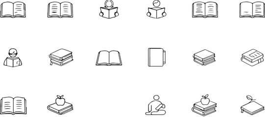 book icons, reading symbols, education, knowledge, learning, study, university, school, library, notebook, document, paper, open book, stacked books, person reading, student, author, sketch, hand-draw