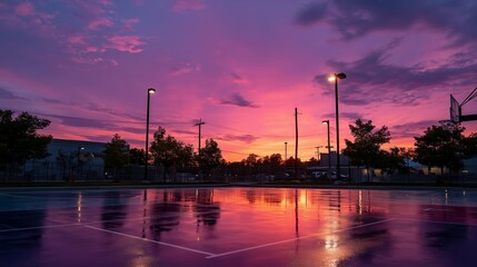 Naklejka premium Sunset colors reflected on a basketball court after rain in the evening sky