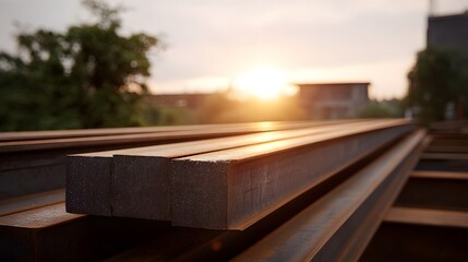 Stacked steel beams in an industrial yard illuminated by the warm golden light of a setting sun