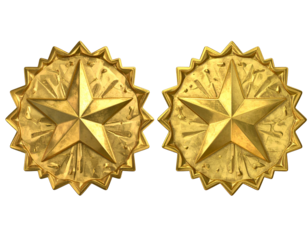 Two golden star emblems with intricate sunburst edges