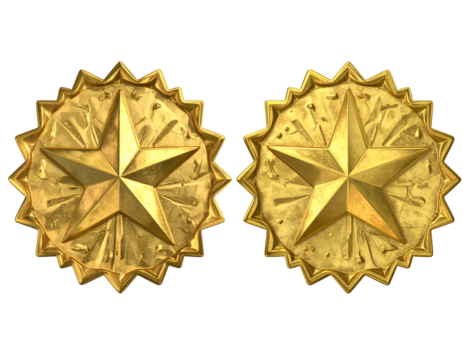 Two golden star emblems with intricate sunburst edges