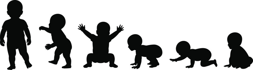 Baby development stages silhouette: standing, crawling, sitting, walking sequence