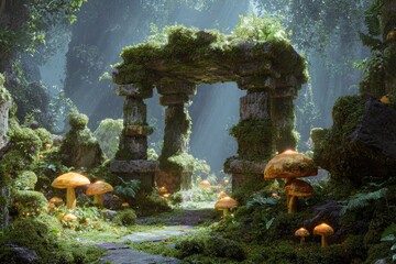 Mossy stone ruin with mushrooms in an enchanted, sun-dappled forest