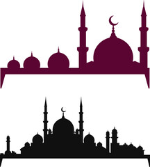 Two silhouette mosques, one burgundy and one black, isolated on white background