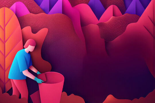 Person participates in community clean up day, collecting waste in vibrant, abstract landscape filled with colorful foliage